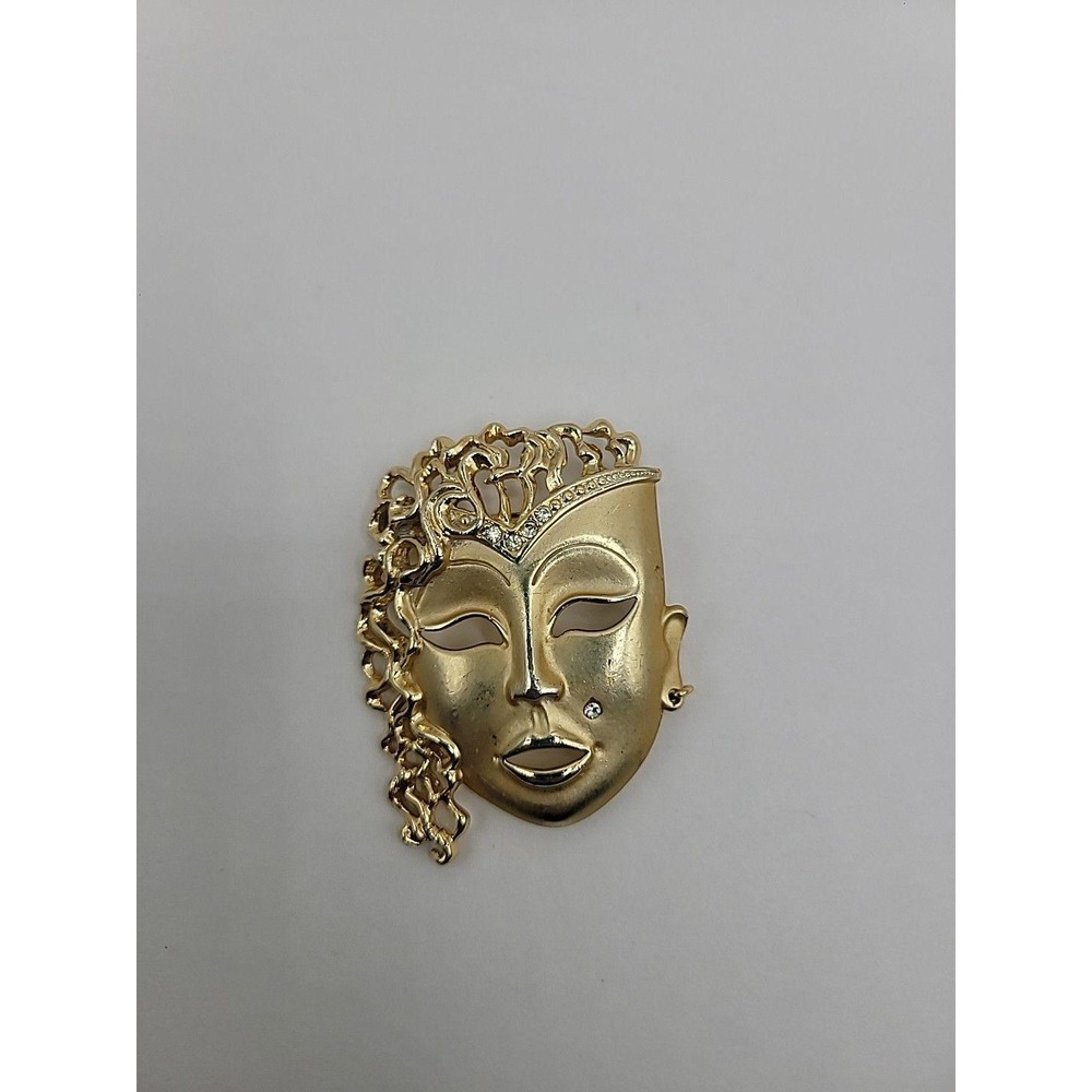 Vintage Gold Tone Drama Mask Brooch pin Rhinestone Beauty Mark Theatrical Face - Picture 7 of 10